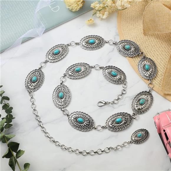 Tarpop Western Concho Chain Belt Silver Oval Chain Belt Metal Belt with Buckle main image 6